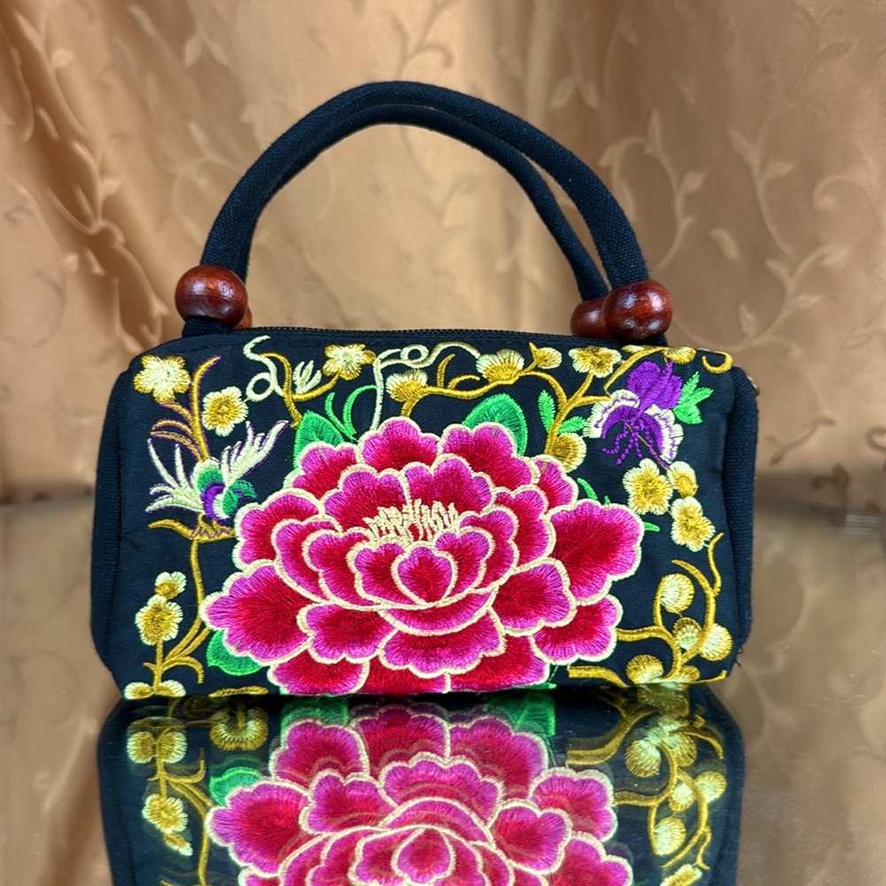 Feminine oriental style lotus  / floral bright embroidery purse / bag